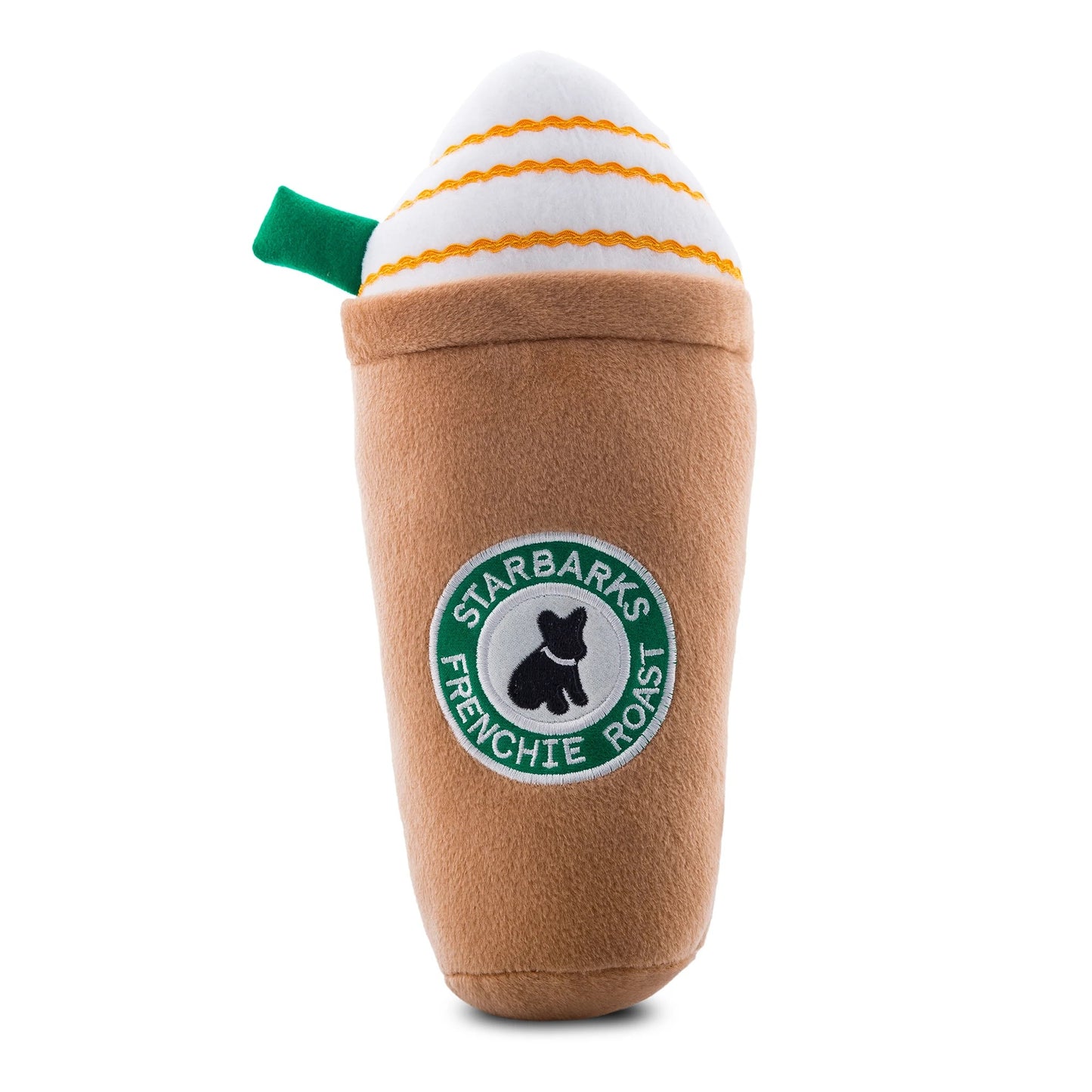 Starbarks Frenchie Roast Plush Toy with straw